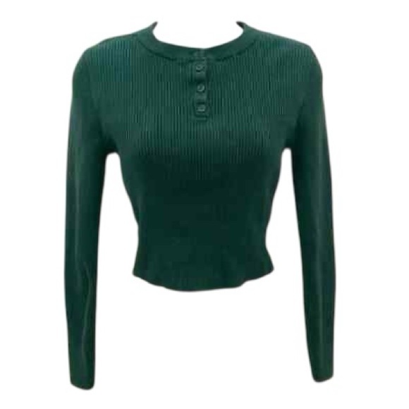 Forever 21 Green Ribbed Long Sleeve Crop Top Sweater - Picture 3 of 5